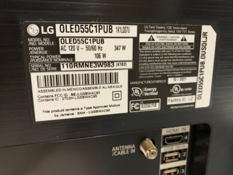 Photo 2 of ***TV DOES NOT POWER ON WHEN PLUGGED INTO POWER OUTLET**
LG OLED C1 Series 55” Alexa Built-in 4k Smart TV (3840 x 2160), 120Hz Refresh Rate, AI-Powered 4K, Dolby Cinema, WiSA Ready, Gaming Mode (OLED55C1PUB, 2021)
