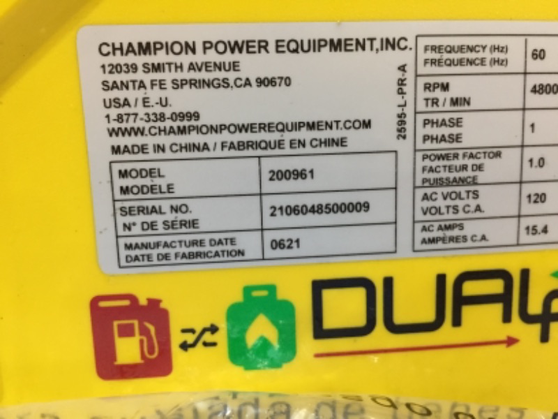 Photo 3 of **USED, OIL IS ALL OVER GENERATOR**
Champion Power Equipment 200961 2500-Watt Dual Fuel Portable Inverter Generator, Ultralight
