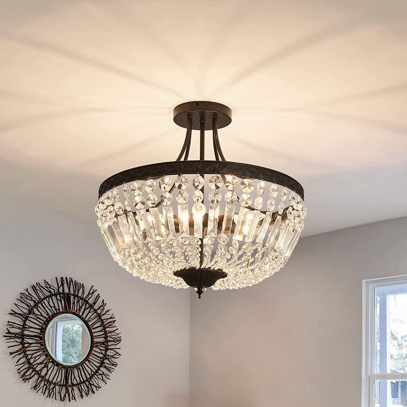 Photo 1 of **MISSING HARDWARE**
YYJLX 5-Light E12 Round Crystal Ceiling Light Fixture  Modern Semi Flush Mount Chandelier Ceiling Lamp for Living Room Dining Room Entryway Hallway Foyer Bedroom Laundry Bathroom?Black?
