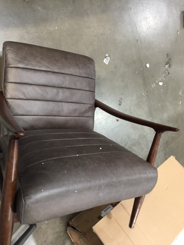 Photo 3 of **WOOD IS SPLINTERED AND BROKEN**ONE LEG IS MISSING **
Amazon Brand – Rivet Spear Mid-Century Modern Channel Tufted Leather Accent Chair with Wood Arms, 29.1"W, Taupe
