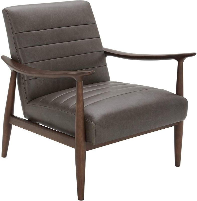 Photo 1 of **WOOD IS SPLINTERED AND BROKEN**ONE LEG IS MISSING **
Amazon Brand – Rivet Spear Mid-Century Modern Channel Tufted Leather Accent Chair with Wood Arms, 29.1"W, Taupe
