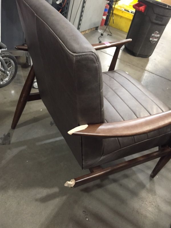 Photo 5 of **WOOD IS SPLINTERED AND BROKEN**ONE LEG IS MISSING **
Amazon Brand – Rivet Spear Mid-Century Modern Channel Tufted Leather Accent Chair with Wood Arms, 29.1"W, Taupe
