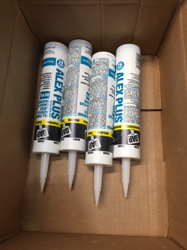 Photo 2 of (4 Pack) DAP ALEX PLUS All Purpose Acrylic Latex Caulk Plus Silicone, Clear 10.1 Oz
