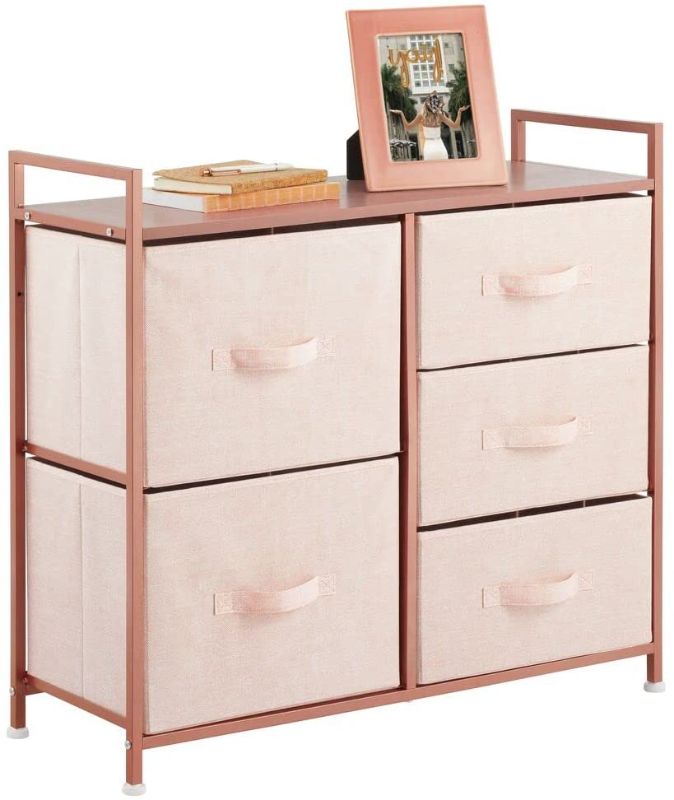 Photo 1 of **USED, INCOMPLETE HARDWARE**
mDesign Storage Dresser Furniture Unit - Large Standing Organizer Chest for Bedroom, Office, Living Room, and Closet - 5 Drawer Removable Fabric Bins - Light Pink/Rose Gold
