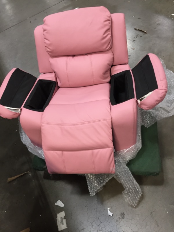 Photo 3 of **DAMAGE TO RECLINER REFER TO PHOTO**
Amazon Basics Faux Leather Kids/Youth Recliner with Armrest Storage, 3+ Age Group, Light Pink
