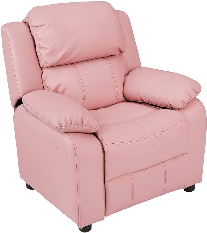 Photo 1 of **DAMAGE TO RECLINER REFER TO PHOTO**
Amazon Basics Faux Leather Kids/Youth Recliner with Armrest Storage, 3+ Age Group, Light Pink
