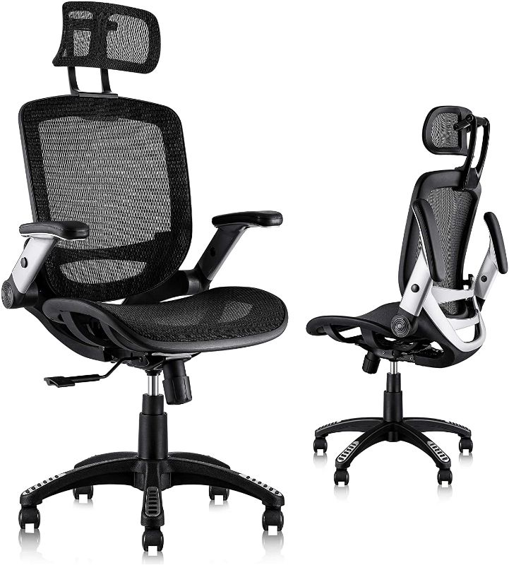 Photo 1 of **PREVIOUSLY USED, MISSING SOME WHEELS**
Gabrylly Ergonomic Mesh Office Chair, High Back Desk Chair - Adjustable Headrest with Flip-Up Arms, Tilt Function, Lumbar Support and PU Wheels, Swivel Computer Task Chair
