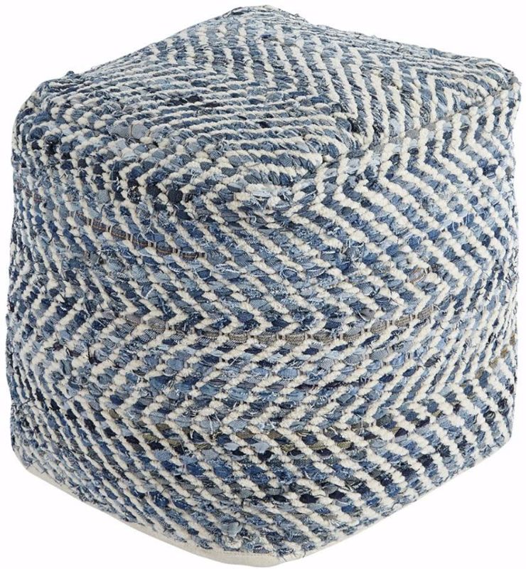 Photo 1 of 16x16x16- LEPOUF Signature Design by Ashley Chevron Handmade Woven Pouf, Blue and White
