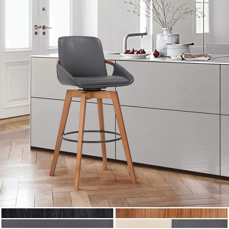 Photo 1 of Armen Living Baylor Swivel Wood Bar or Counter Height Stool in Faux Leather, Grey/Walnut, 26" Counter Height
