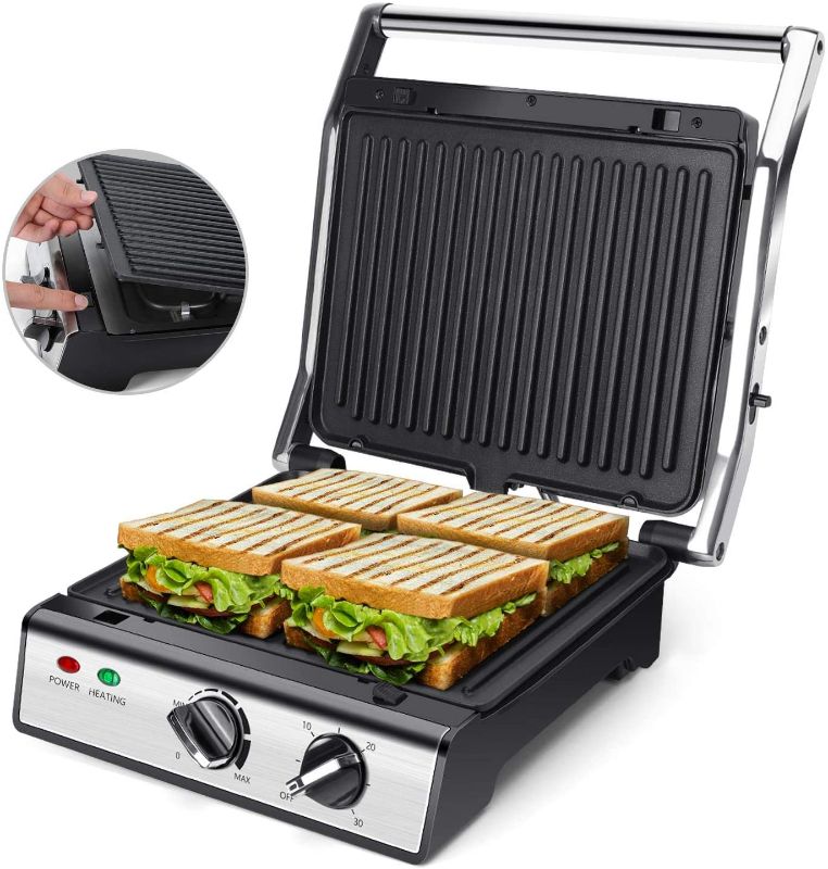 Photo 1 of Aigostar Panini Press with removable plates, Electric Indoor Grill Smokeless, with Non-Stick Coated Plates, Opens 180 Degrees, Stainless Steel Sandwich Maker with Temperature Control & Timer, 1500W
