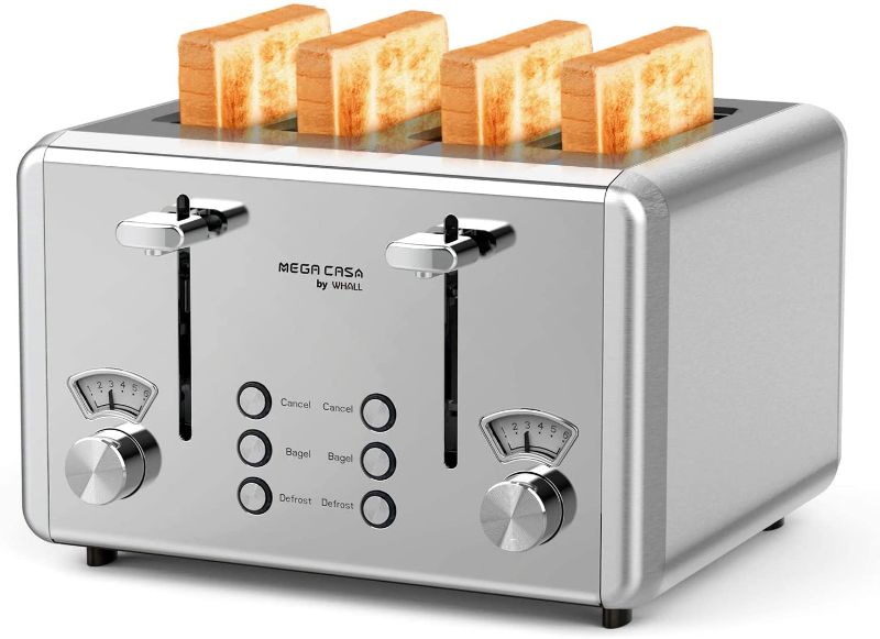 Photo 1 of 4 Slice Toaster, whall Stainless Steel,Bagel Toaster - 6 Bread Shade Settings,Bagel/Defrost/Reheat/Cancel Function with Dual Control Panels,4 Extra Wide Slots,Removable Crumb Tray,for Various Bread Types 1500W
