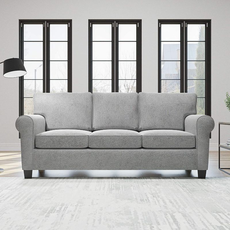 Photo 1 of BOX 1 ONLY BASE AND PARTS ONLY  Edenbrook Willow Upholstered SOFA with Rolled Arms – Contemporary, Casual, Cozy, and Comfortable, Sofa, Misty Gray, EH0007SOF00LG  MISSING BOX 2 REST OF SOFA