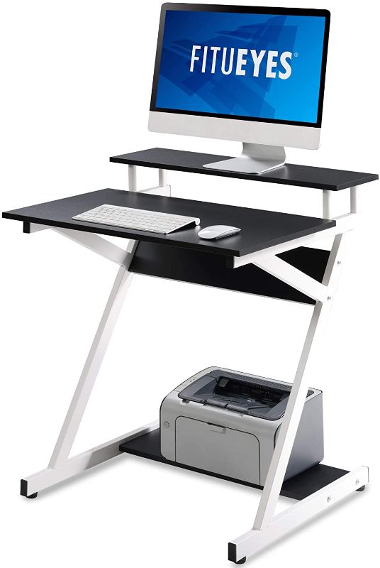 Photo 1 of FITUEYES Computer Desk for Small Spaces, Only 27-Inch Small Desk with Monitor Shelf & Bottom Storage Shelves, Unique Z-Shaped Compact Study Writing Table for Home Office, Black/White
