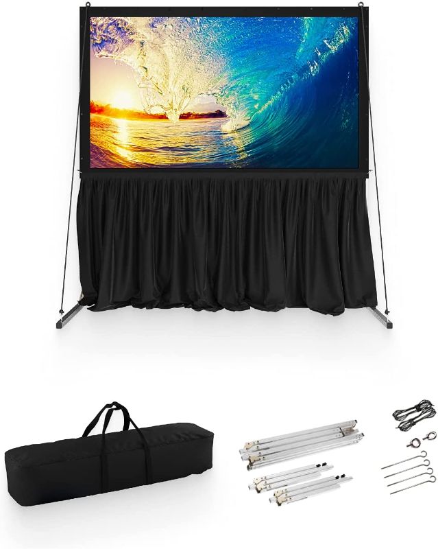 Photo 1 of 80 inch Projector Screen with Stand or Wall Mount - 2 in 1 Indoor Outdoor Movie Screen - Premium Portable Projection Screen HD 16:9 - Metal Fast Foldable Large Frame - Theater Skirt - Outdoor Kit
