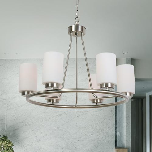 Photo 1 of 6 Light Farmhouse Brushed Nickel Round Chandelier with Opal White Cylinder Glass Shades