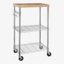 Photo 1 of 20in W X 15in D 3 TIER KITCHEN CART WITH WOOD PREP TOP AND STORAGE HOOKS. WITH WHEELS. HEIGHT AT LEAST 30in