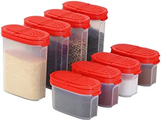 Photo 1 of Clear Plastic Empty Spice Container Spice Jars with Lid – Kitchen Bottle Dispenser Store Spice,Herb,Rub,Sugar,Salt,Pepper 2 Way Lids Sift/Pour Shaker–Refillable Airtight Jar Red Cap 8 pk.4 mini 4 big