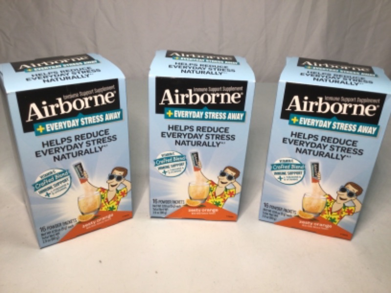 Photo 2 of 3 Boxes Airborne Vitamin C 1000mg (per serving) + L-Theanine - Everyday Stress Away Zesty Orange Powder Packet, (16 count in box), Immune Support Supplement With Vitamins A B6 B12 C E, ZINC, Selenium & Ginger