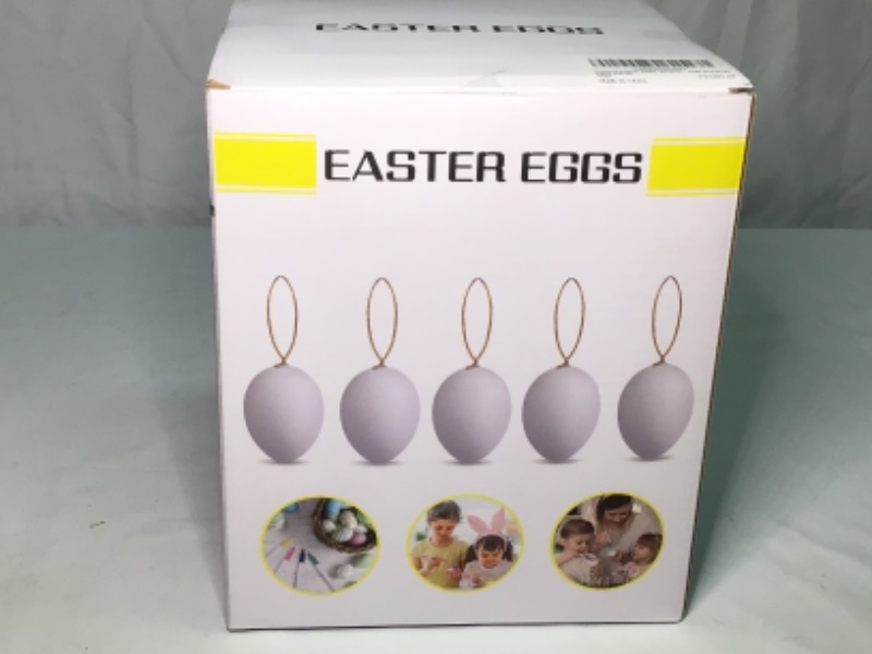 Photo 3 of 50 PCS Easter White Plastic Eggs, Paintable Easter Eggs Hanging Ornament with String for Kids DIY Craft Party Decoration Comes With 8 Pack of Decorating Pens and Small Foam Easter Themed Stick-Ons