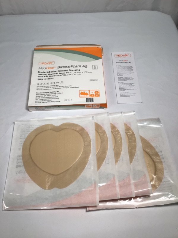 Photo 3 of 5 Pack-MedHeal Silicone Foam Ag Bordered Silver Silicone Dressing Dressing Size Small Sacral 7" x7" Foam Pad Size 5" x 4.8" 
Bordered Silver Silicone Ag Sterile Highly Absorbent Antibacterial Dressing, Sacral, Sacrum 7"x 7" (4.9"x 4.7" Pad), 5 dressings, 