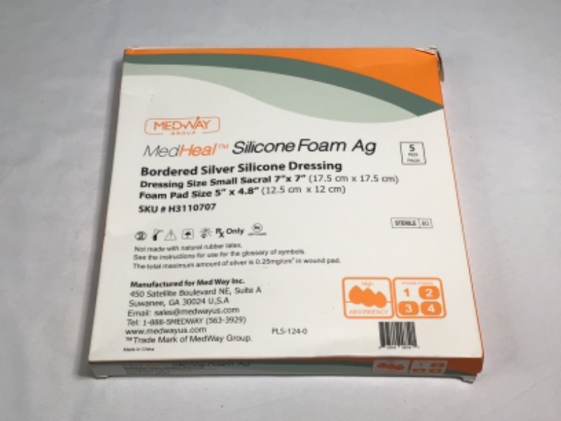 Photo 2 of 5 Pack-MedHeal Silicone Foam Ag Bordered Silver Silicone Dressing Dressing Size Small Sacral 7" x7" Foam Pad Size 5" x 4.8" 
Bordered Silver Silicone Ag Sterile Highly Absorbent Antibacterial Dressing, Sacral, Sacrum 7"x 7" (4.9"x 4.7" Pad), 5 dressings, 