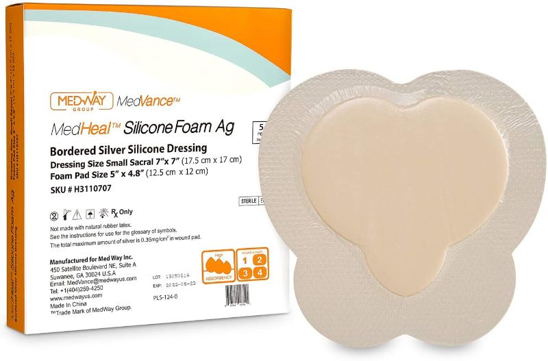 Photo 1 of 5 Pack-MedHeal Silicone Foam Ag Bordered Silver Silicone Dressing Dressing Size Small Sacral 7" x7" Foam Pad Size 5" x 4.8" 
Bordered Silver Silicone Ag Sterile Highly Absorbent Antibacterial Dressing, Sacral, Sacrum 7"x 7" (4.9"x 4.7" Pad), 5 dressings, 