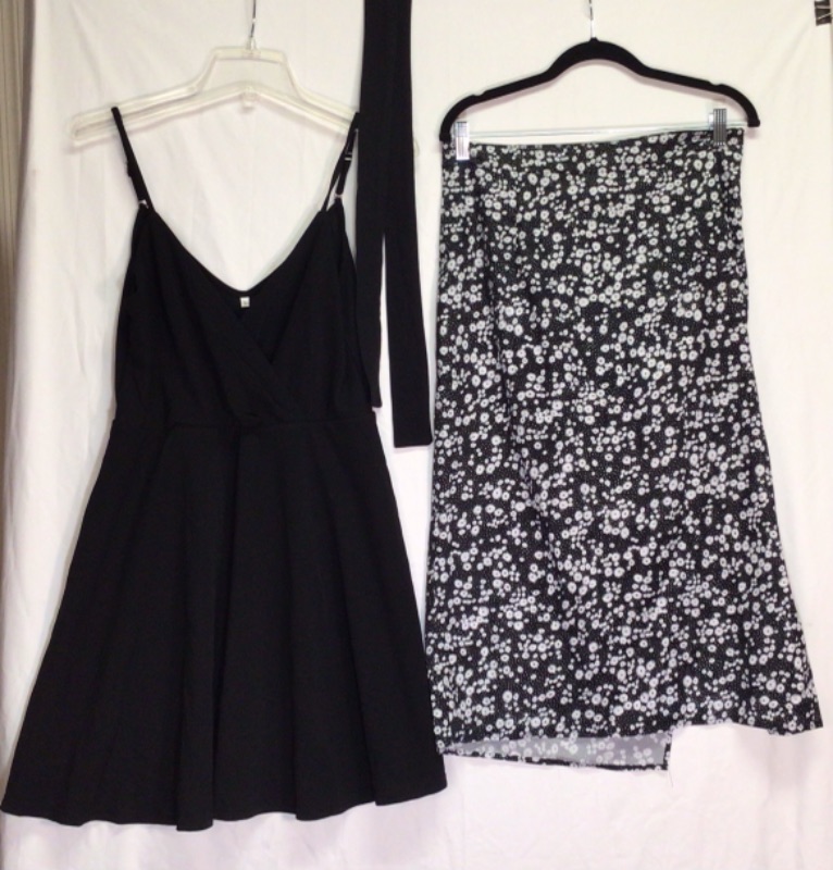 Photo 1 of Women's Two Piece Outfit- Black Top with Straps Black Skirt with Small White Flowers Size Large