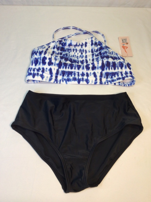 Photo 1 of Women's Two Piece Swim Suit- Blue Tie Dye Top Black Bottom- Size Medium