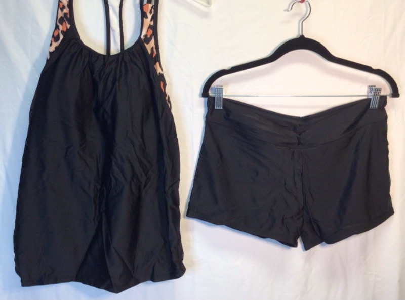 Photo 1 of Women's Tankini Swim Suit- Leopard and Black Top, Black Shorts Bottom-Size Large