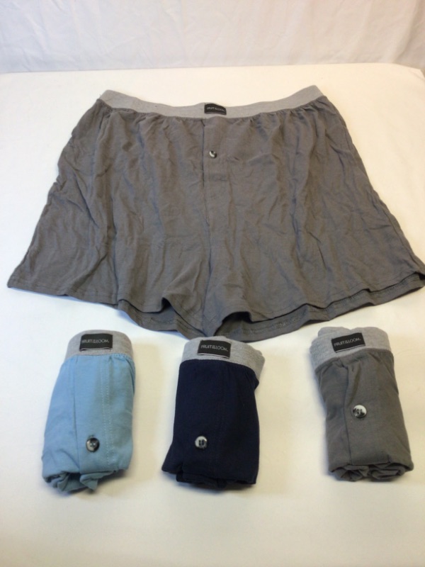 Photo 1 of Fruit of the Loom Solid Knit Boxers. Button on Fly-4 Pack-Gray (2) , Light Blue, Navy Blue-Size Large