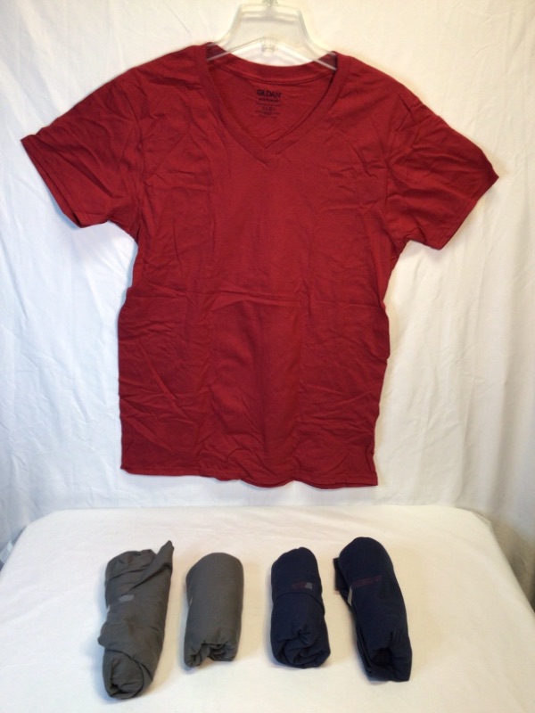 Photo 1 of 5 Pack V Neck T-Shirts by Gildan-Tagless- 2 Gray, 2 Blue, 1 Red- Size Medium (38-40) 