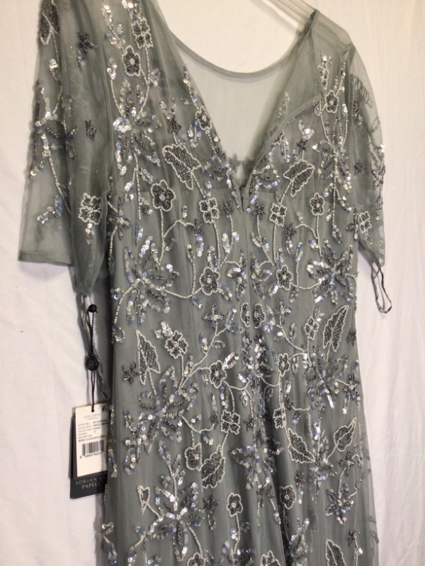 Photo 4 of Adrianna Papell Womens Long Evening Gown with Beaded Flowers and Leaves- Color Frosted Sage- Size 14