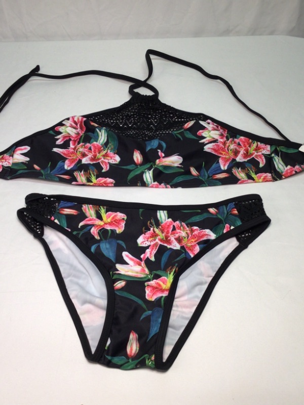 Photo 1 of Women's Two Piece Swimsuit- Black with Floral-Mess Sides on Bottoms- Size Small