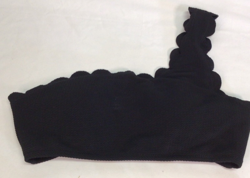 Photo 3 of Women's Two Piece Swim Suit- Black with Fashionable Scalloped Edges- Top is Single Shoulder Strap- Size Medium