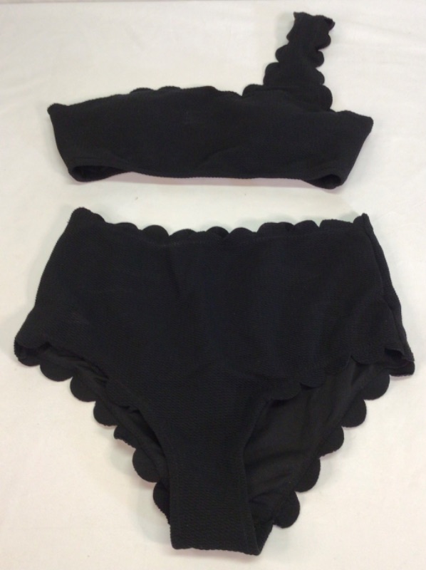 Photo 4 of Women's Two Piece Swim Suit- Black with Fashionable Scalloped Edges- Top is Single Shoulder Strap- Size Medium