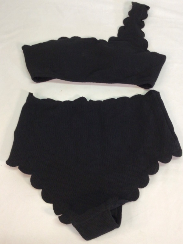 Photo 1 of Women's Two Piece Swim Suit- Black with Fashionable Scalloped Edges- Top is Single Shoulder Strap- Size Medium