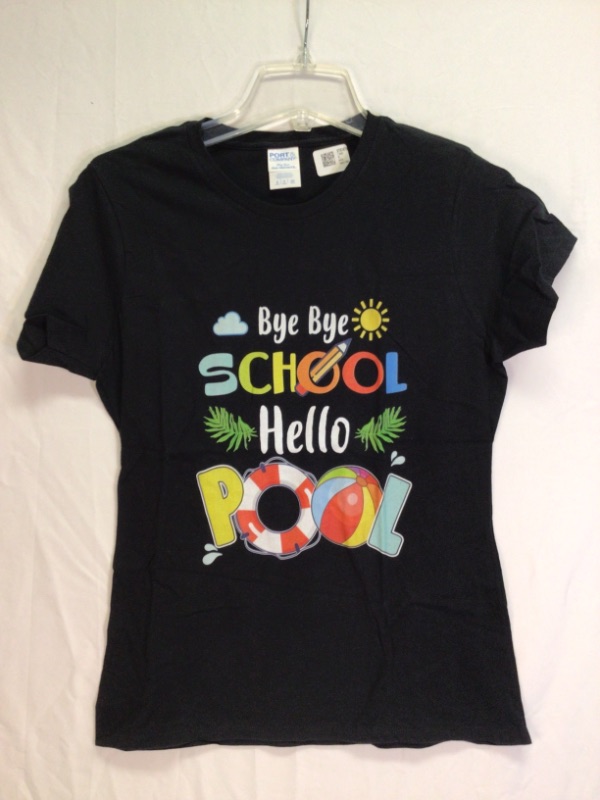 Photo 1 of Women's T-Shirt- Black-Small- Front Graphic BYE BYE SCHOOL HELLO POOL