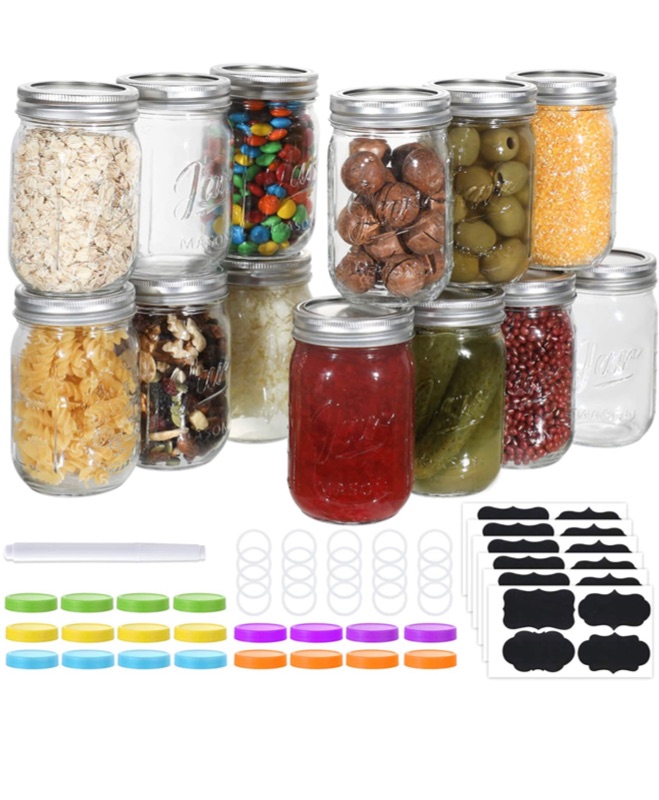 Photo 1 of Aozita 20 PACK Glass Mason Jars 12 oz, Regular Mouth Canning Jars with Metal Airtight Lids, Leak-Proof Colored Lids, Chalkboard Labels, Marker, for Meal Prep, Food Storage, Canning, Preserving