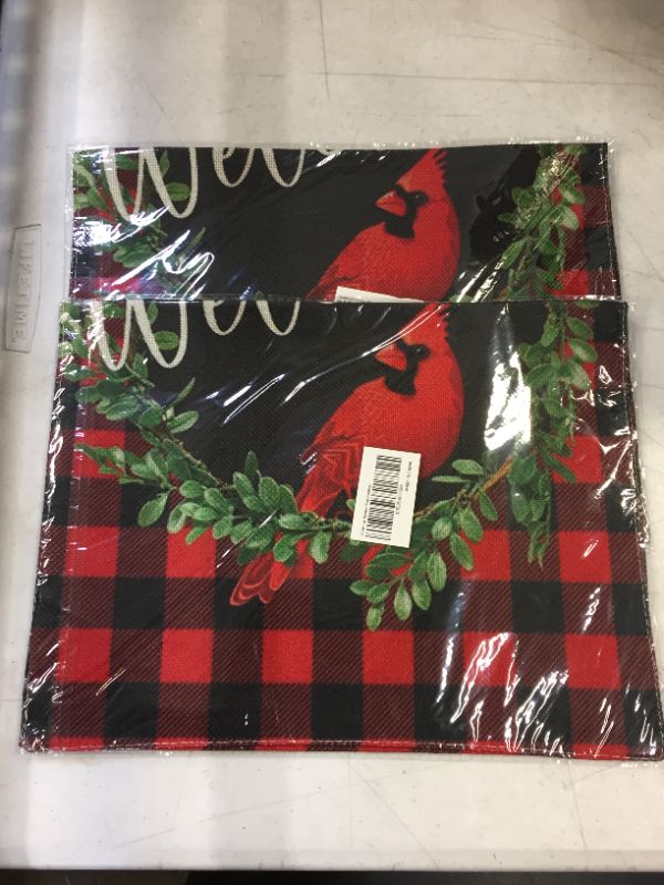 Photo 2 of Cardinal Christmas Garden Flag Buffalo Check Plaid Wreath Welcome Winter Yard Flag Double Sided Rustic Christmas Yard Decorations Holiday Outdoor Flags 12x18 Inch (2 pack)