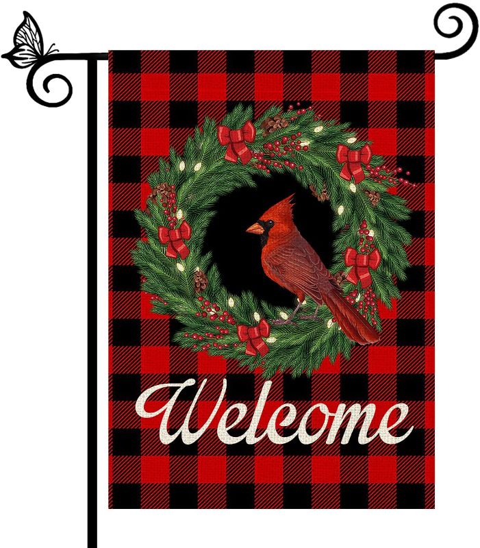 Photo 1 of Cardinal Christmas Garden Flag Buffalo Check Plaid Wreath Welcome Winter Yard Flag Double Sided Rustic Christmas Yard Decorations Holiday Outdoor Flags 12x18 Inch (2 pack)