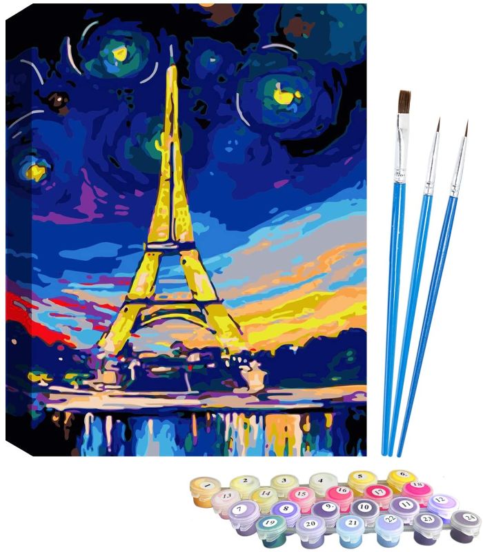 Photo 1 of (PACK OF 2) Eiffel Tower DIY Paint by Numbers for Adults Beginners, Paint by Number Kit On Canvas for Painting Lovers 16x20in 1 Pack by Tangbr ***ONE PACK IS MISSING PAINT BRUSHES***