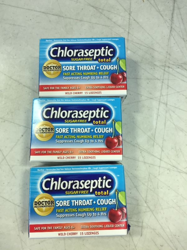 Photo 2 of (PACK OF 3) Chloraseptic Total Sore Throat + Cough Lozenges, Sugar-Free Wild Cherry Flavor, 15 CT ** EXP 0/2024**
