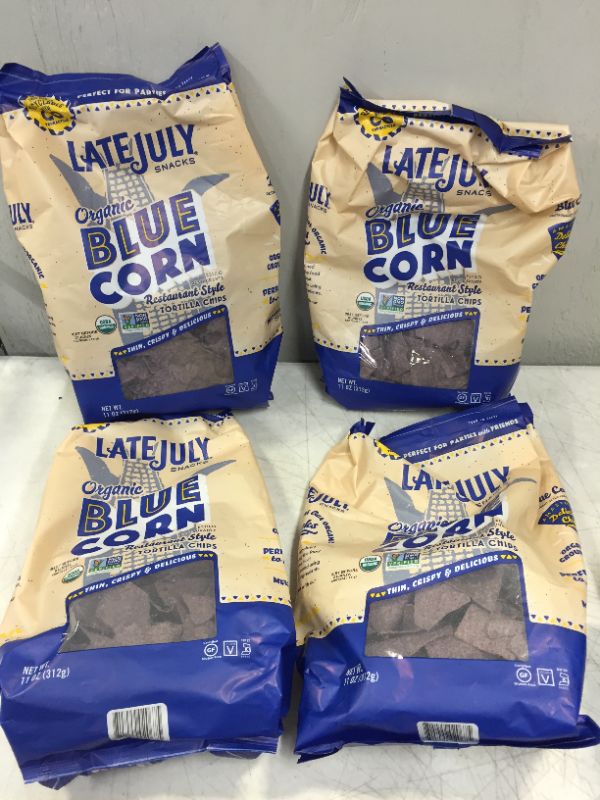 Photo 2 of ( PACK OF 4) LATE JULY Snacks Restaurant Style Blue Corn Tortilla Chips, 11 oz. Bag (EXP 01/01/2022) 