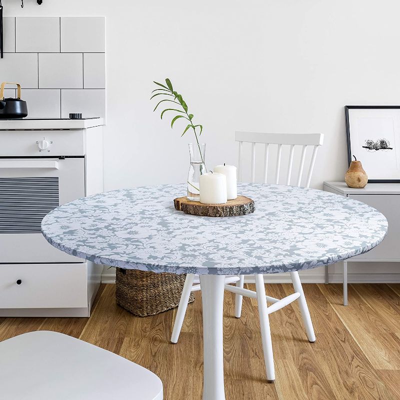 Photo 1 of DecorGreat Fitted Round Vinyl Dining Table Covers, Waterproof Tablecloth with Elastic and Flannel Backing, Grey Flower Design fits Small and Large Tables
