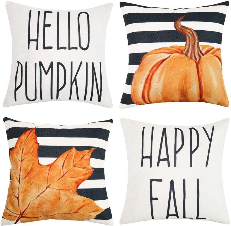 Photo 1 of Adabana Fall Pillow Covers 18x18 Set of 4 Fall Decor Outdoor Throw Pillow Covers Stripes Pumpkin Maple Leaf Thanksgiving Decorative Throw Pillows Farmhouse Autumn Pillow Cases for Couch
