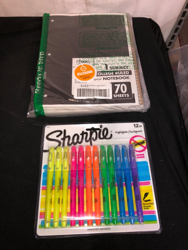 Photo 1 of 2 PC LOT
MEAD COLLEGE RULED, 70 SHEETS, SPIRAL NOTE BOOK, 5 COUNT
SHARPIE HIGHLIGHTERS, 12PK