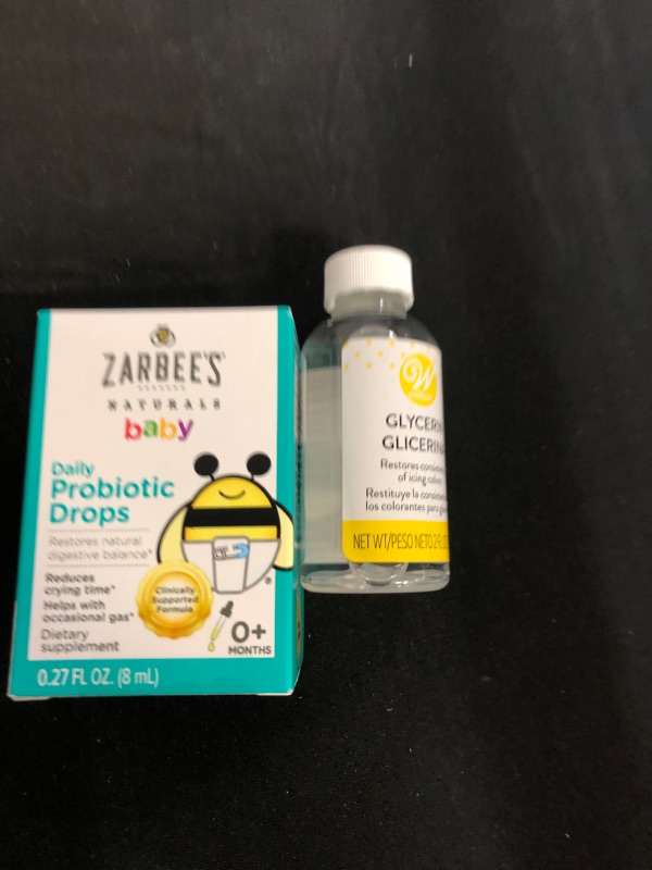 Photo 3 of 2PC LOT
Wilton Vegetable Glycerin, 2 oz.

Zarbee's Naturals Baby Daily Probiotic Drops, 0.27 Ounces EXP V01/22



