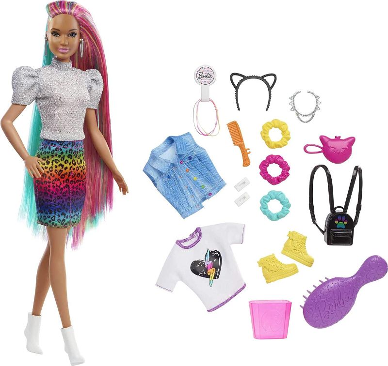 Photo 1 of Barbie Leopard Rainbow Hair Doll (Brunette) with Color-Change Hair Feature, 16 Hair & Fashion Play Accessories Including Scrunchies, Brush, Fashion Tops, Cat Ears, Cat Purse & More
