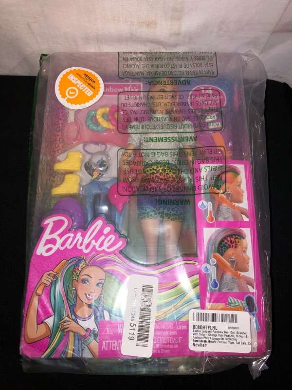 Photo 2 of Barbie Leopard Rainbow Hair Doll (Brunette) with Color-Change Hair Feature, 16 Hair & Fashion Play Accessories Including Scrunchies, Brush, Fashion Tops, Cat Ears, Cat Purse & More
