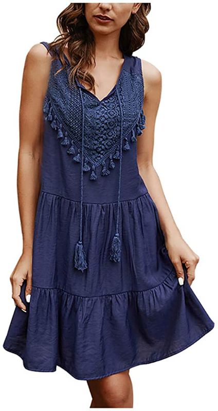 Photo 1 of 90'S MUSE WOMEN'S TASSEL STRINGS SLEEVELESS BOHEMIAN SHORT DRESS, BLUE, MED